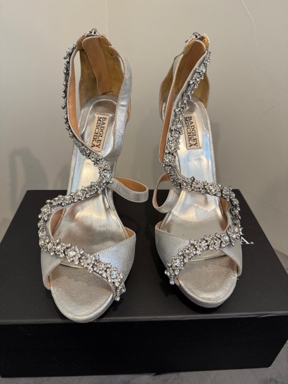 Badgley Mischka Silver Jeweled Satin Spiral Strap Heels